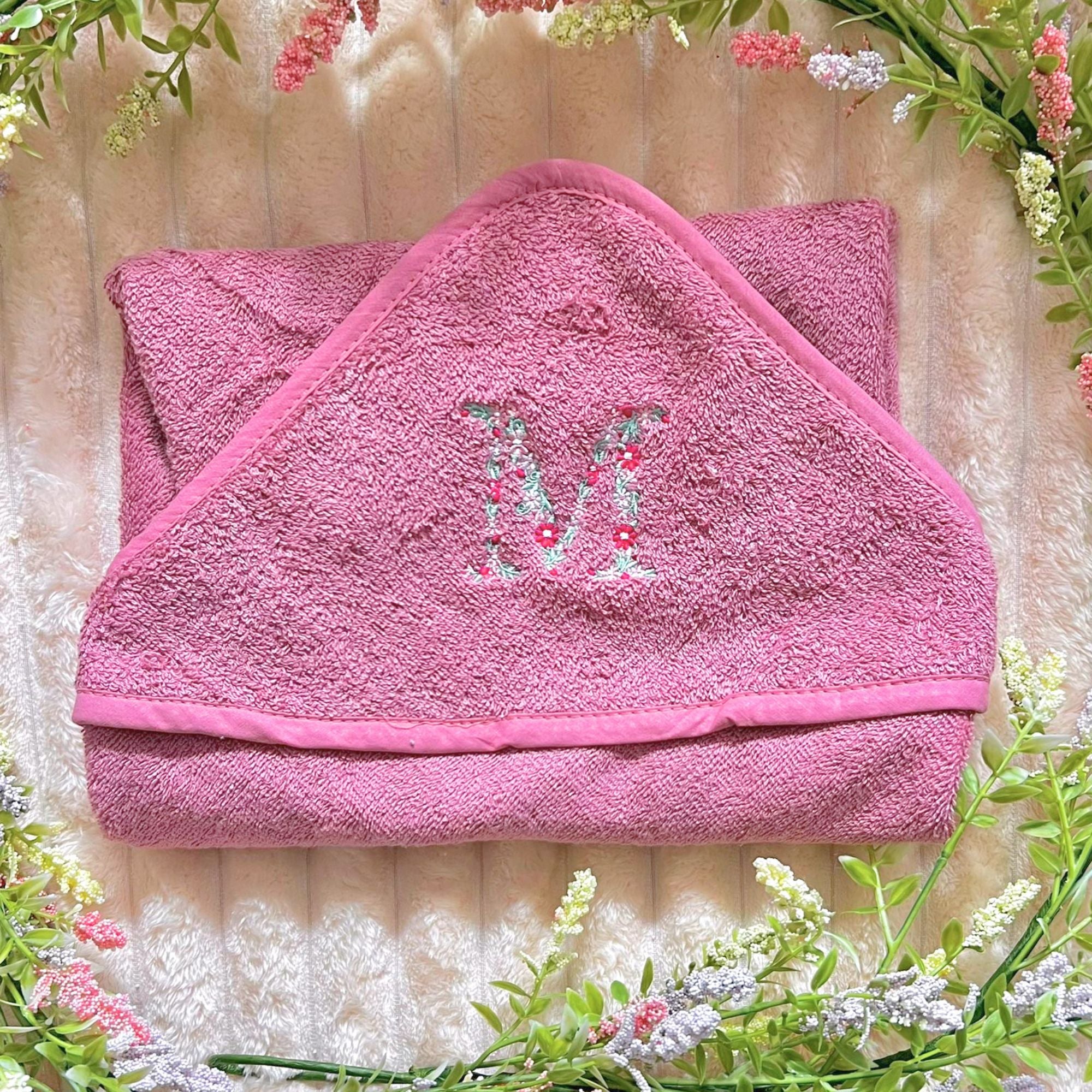 Hooded Baby Bath Towel with Personalised Floral Initial