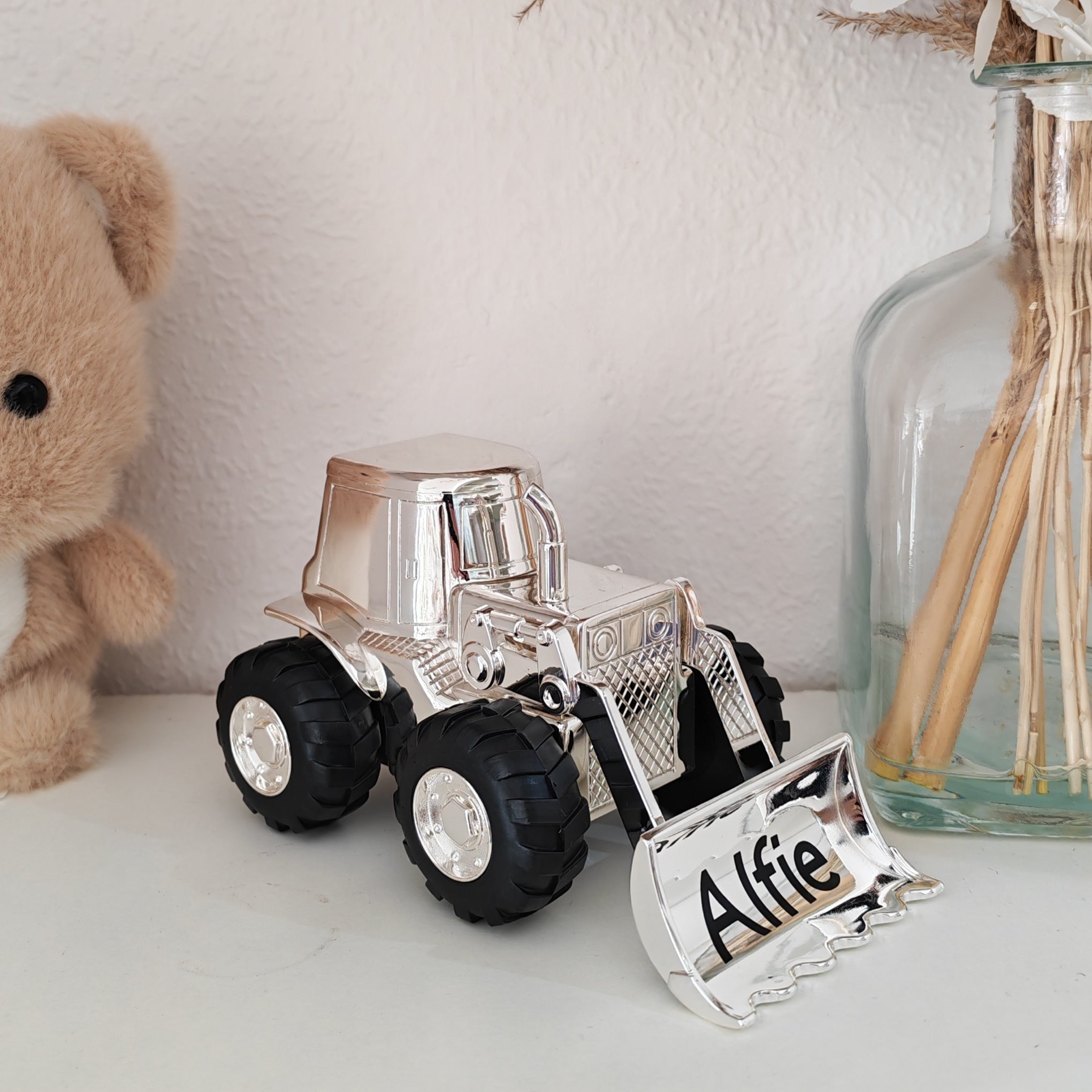 Personalised Silver Plated Digger Money Box for Boys and Girls