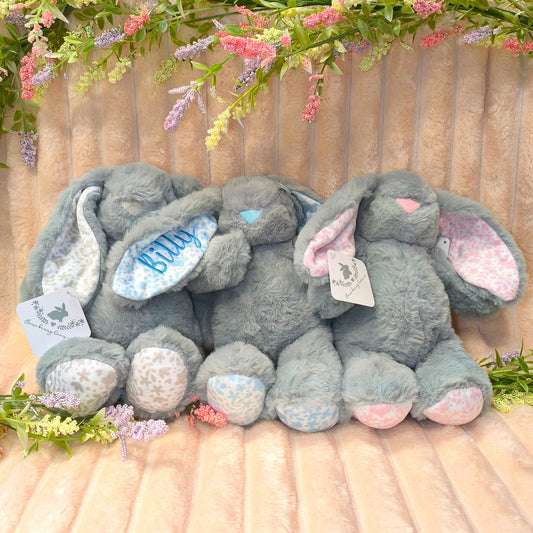 Personalised Grey Bunny Soft Toy with Embroidered Ear