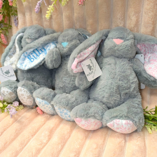 Personalised Grey Bunny Soft Toy with Embroidered Ear