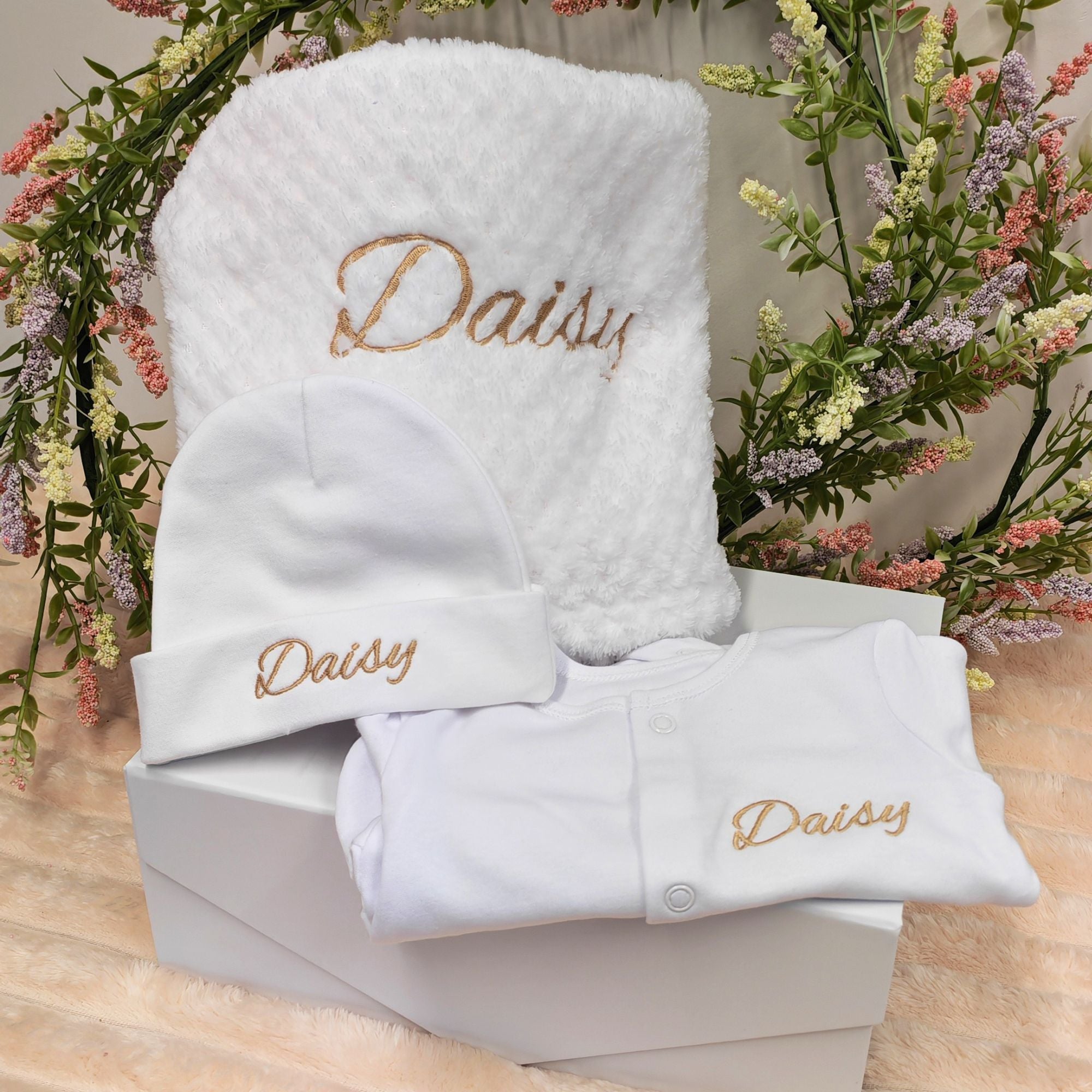 Personalised Baby Blanket, Sleepsuit & Hat - 3 Piece Gift Set