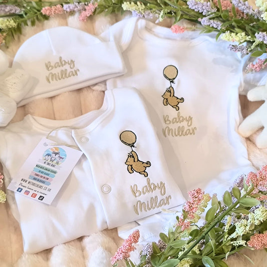 Personalised Winnie the Pooh 3 Piece Baby Clothing Set - Sleepsuit, Babygrow & Hat