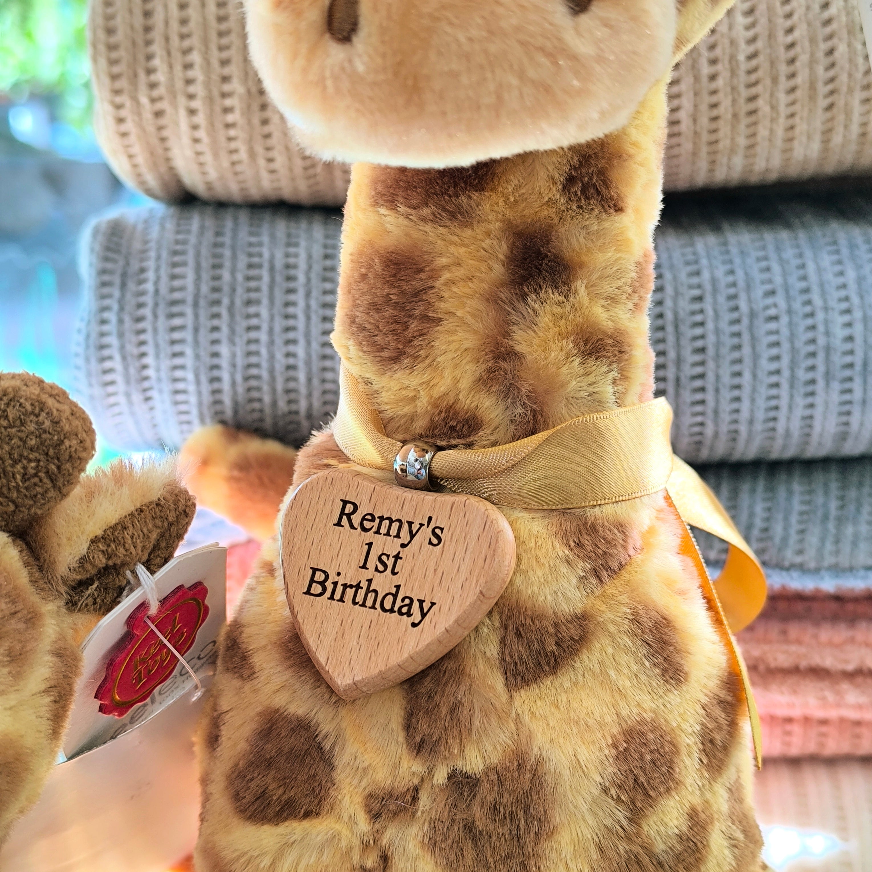 Personalised Giraffe Soft Toy by Keel with Engraved Wooden Heart