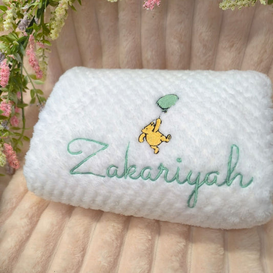Personalised Winnie the Pooh Blanket with Balloon and Embroidered Name