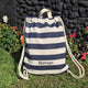 personalised striped drawstring bag made from 100% cotton with cord straps and carry handle.