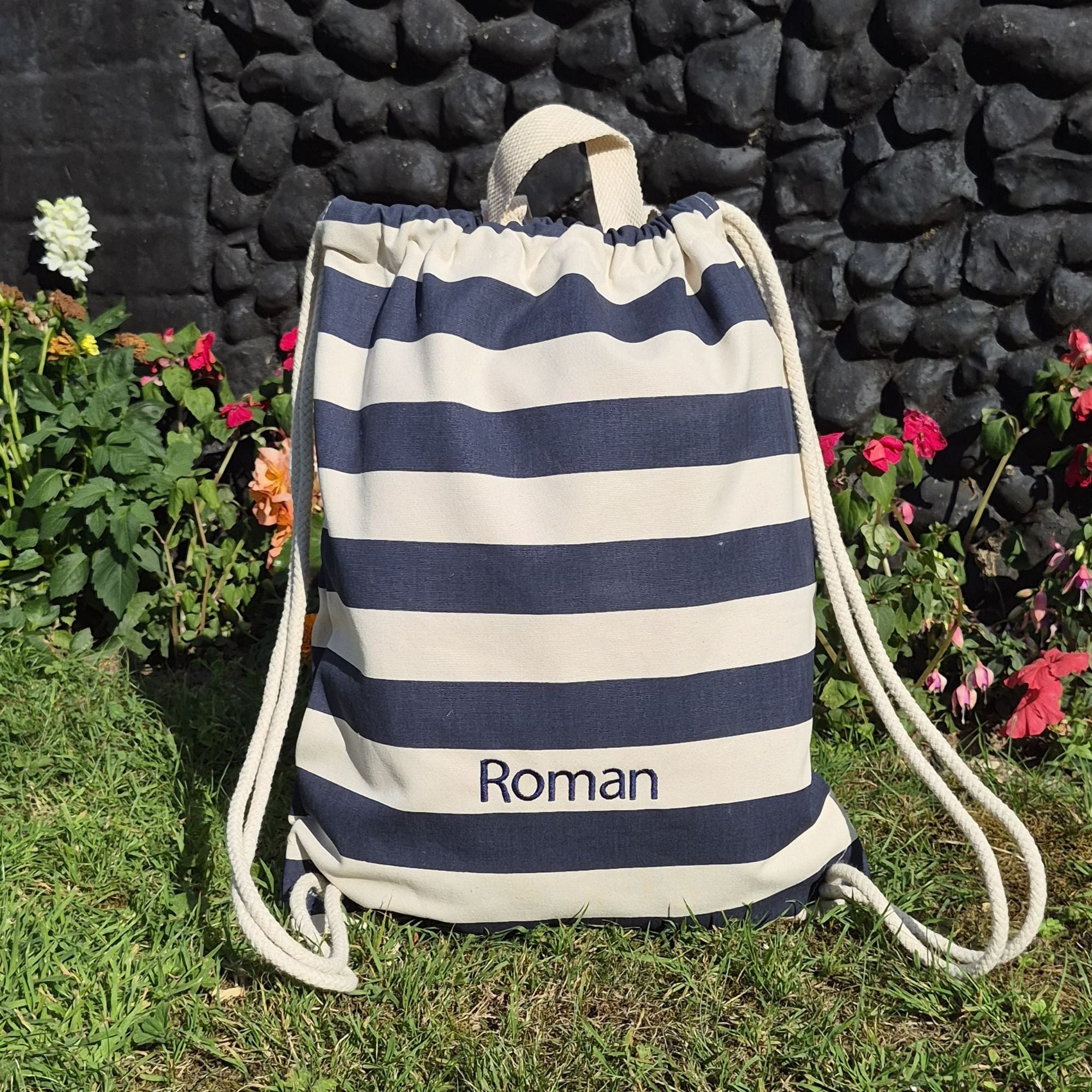 personalised striped drawstring bag made from 100% cotton with cord straps and carry handle.