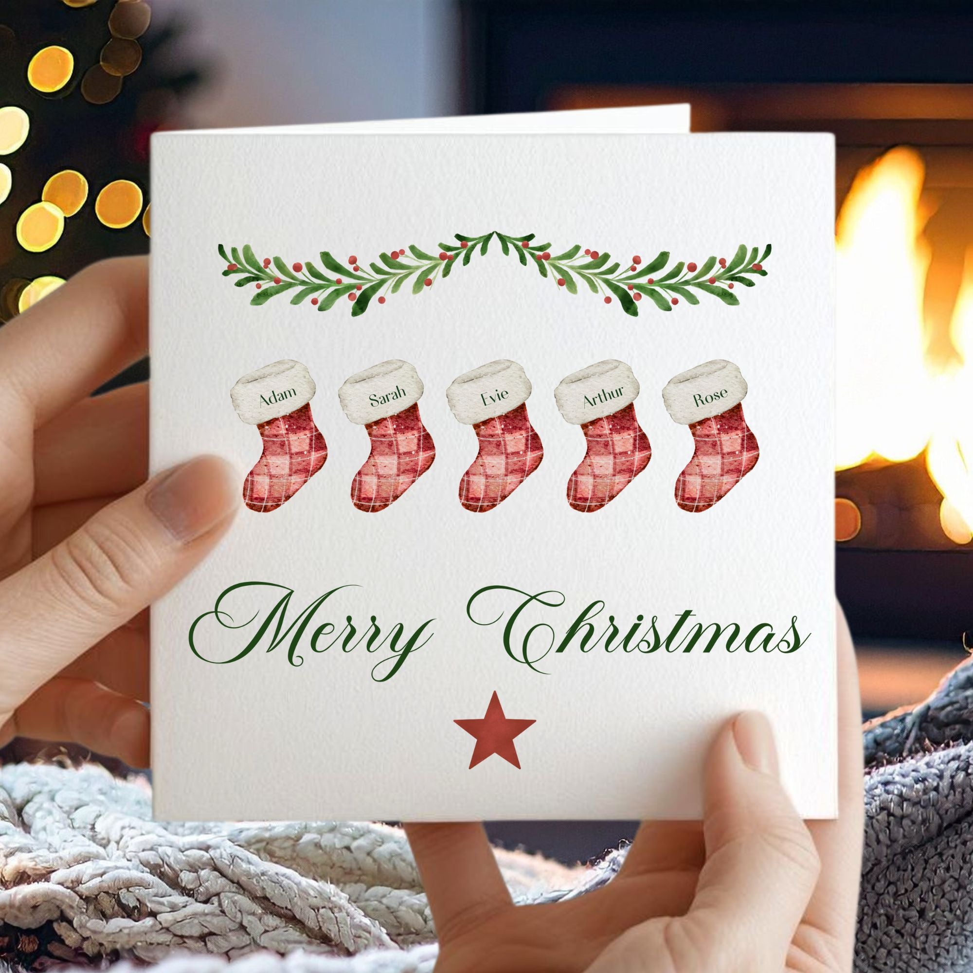 Personalised Christmas Card with Stockings – Custom Festive Family Greeting Card
