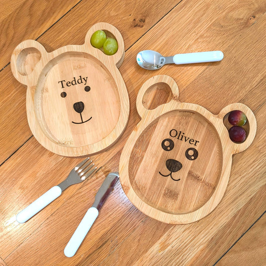 Children's Bamboo Bear Plate with Personalised Name