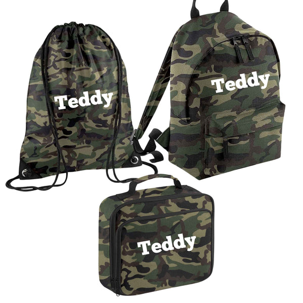 Personalised Boys Camo Backpack, PE Bag and Lunch Box