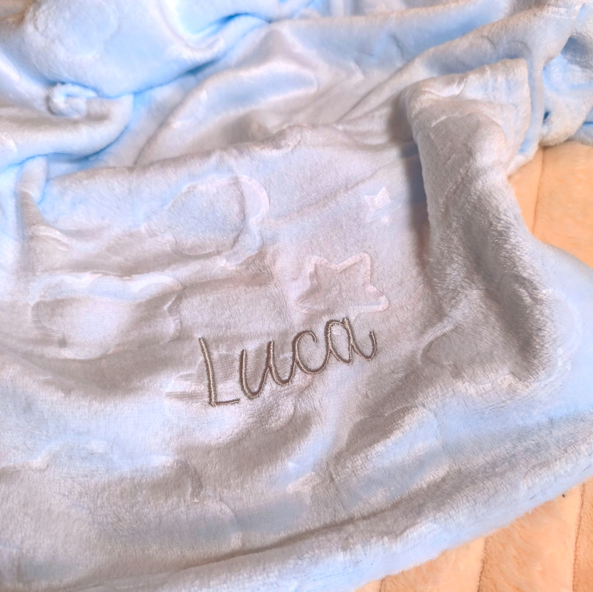 Personalised Embroidered Baby Blue Blanket with Clouds
