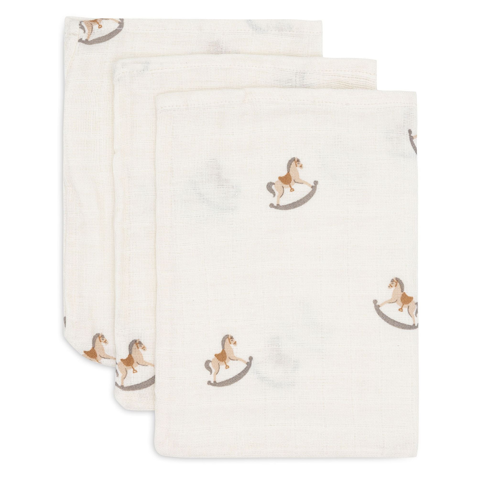 Personalised Jollein Muslin Washcloths – 3-Pack Rocking Horse | Soft, Gentle Baby Wash Cloths