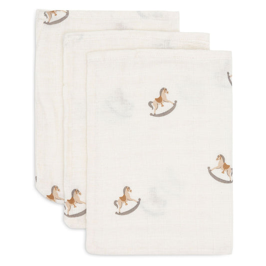 Personalised Jollein Muslin Washcloths – 3-Pack Rocking Horse | Soft, Gentle Baby Wash Cloths