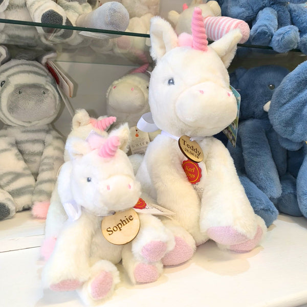 Personalised Unicorn Soft Toy with Personalised Wooden Tag