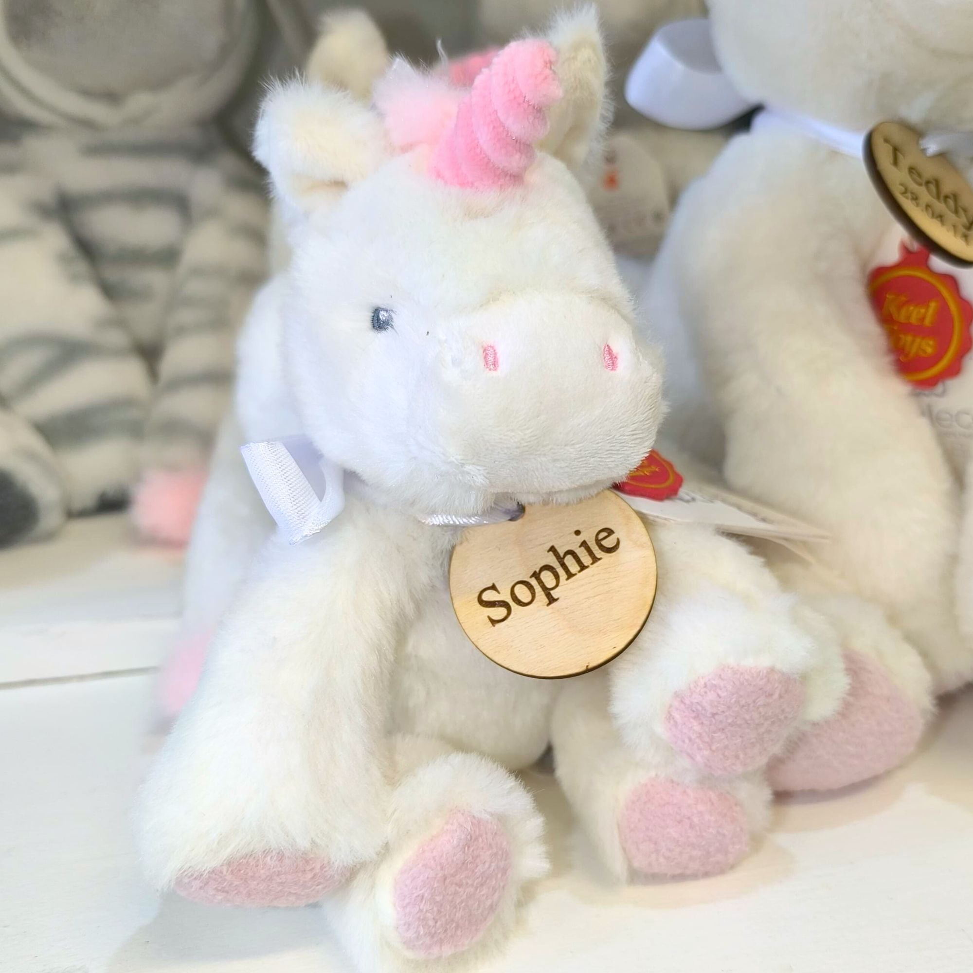 Personalised Unicorn Soft Toy with Personalised Wooden Tag