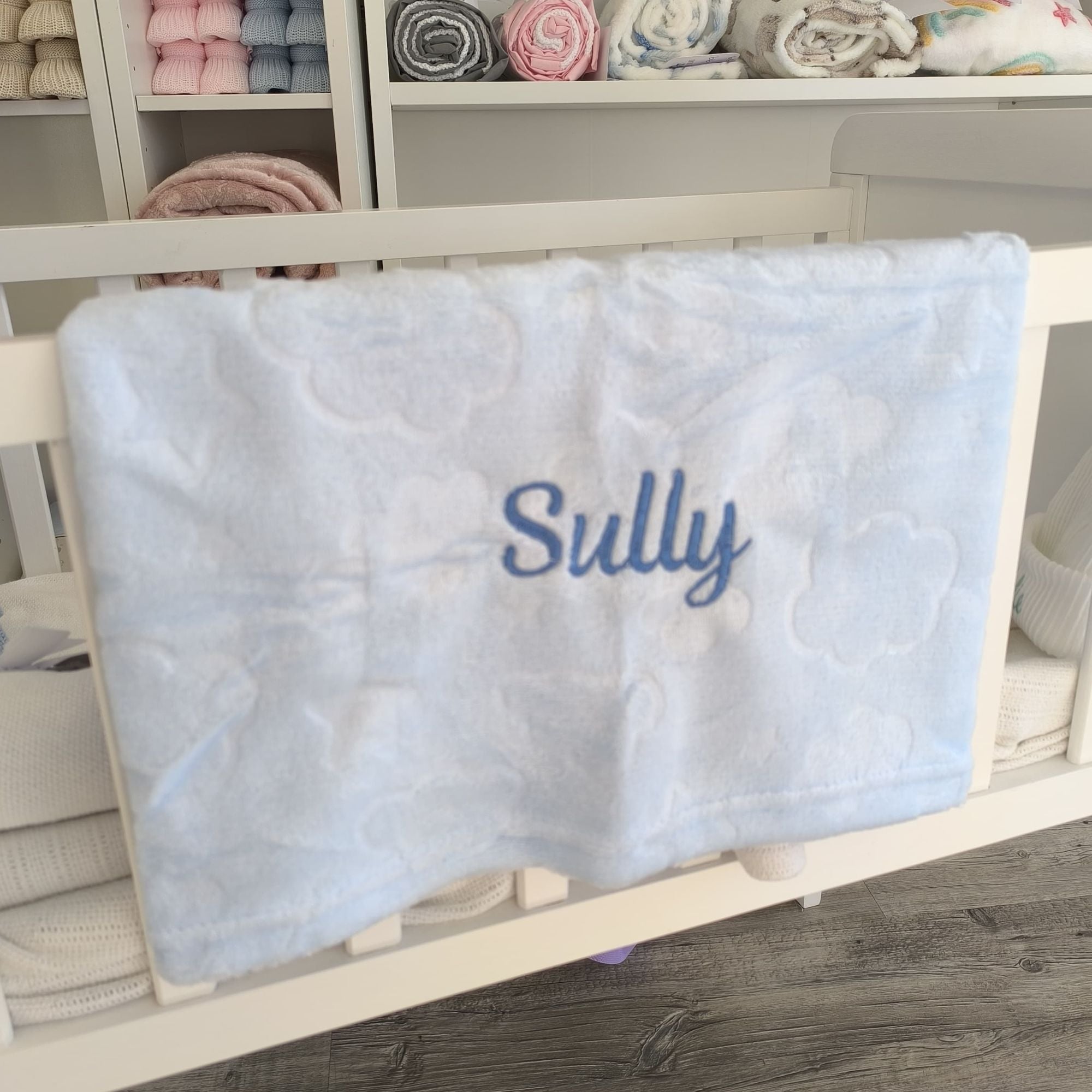 Personalised Embroidered Baby Blue Blanket with Clouds