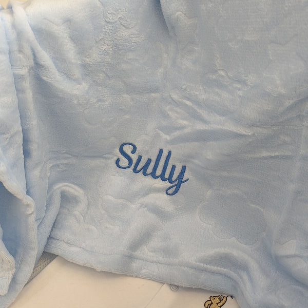 Personalised Embroidered Baby Blue Blanket with Clouds