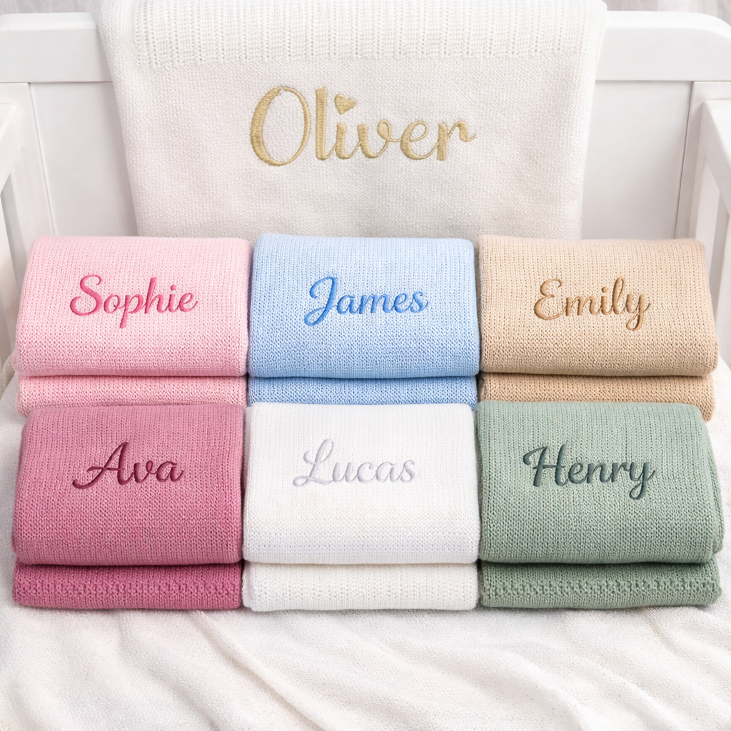 personalised hospital cellular blankets with an embroidered name in various colours