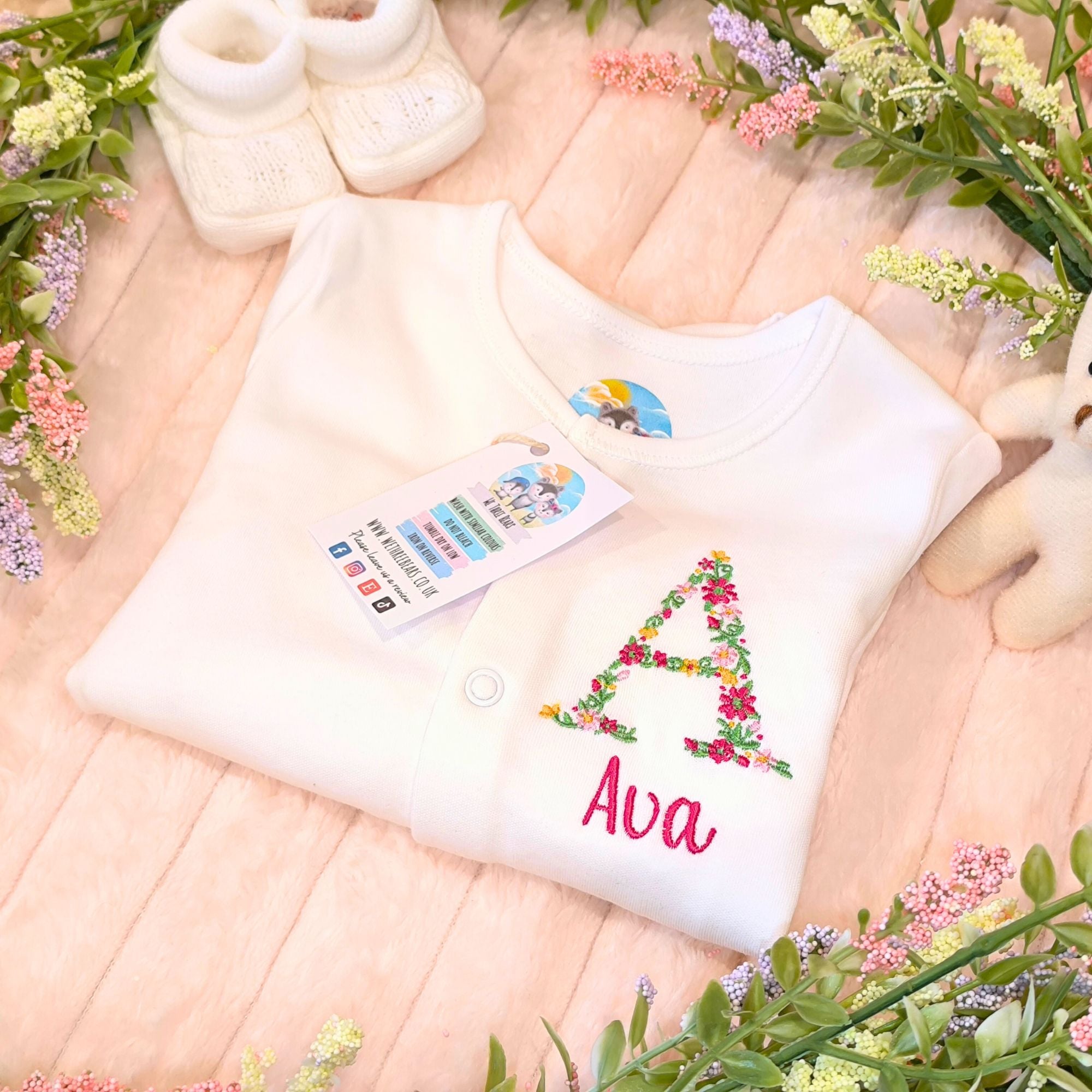 Personalised Baby Sleepsuit with Floral Initials