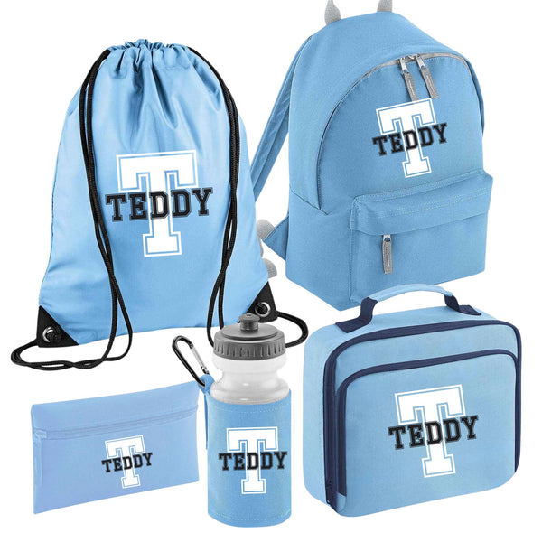 Personalised Boys & Girls School Set - Backpack, Bottle, Pencil Case, Lunch Bag & PE Bag