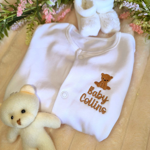 Embroidered Teddy Bear Personalised Sleepsuit