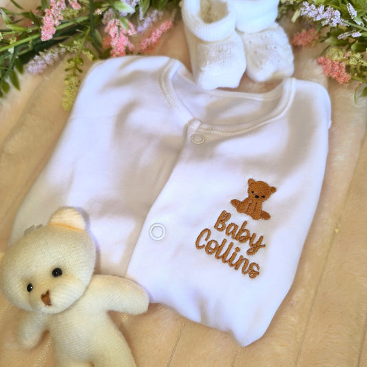 Embroidered Teddy Bear Personalised Sleepsuit