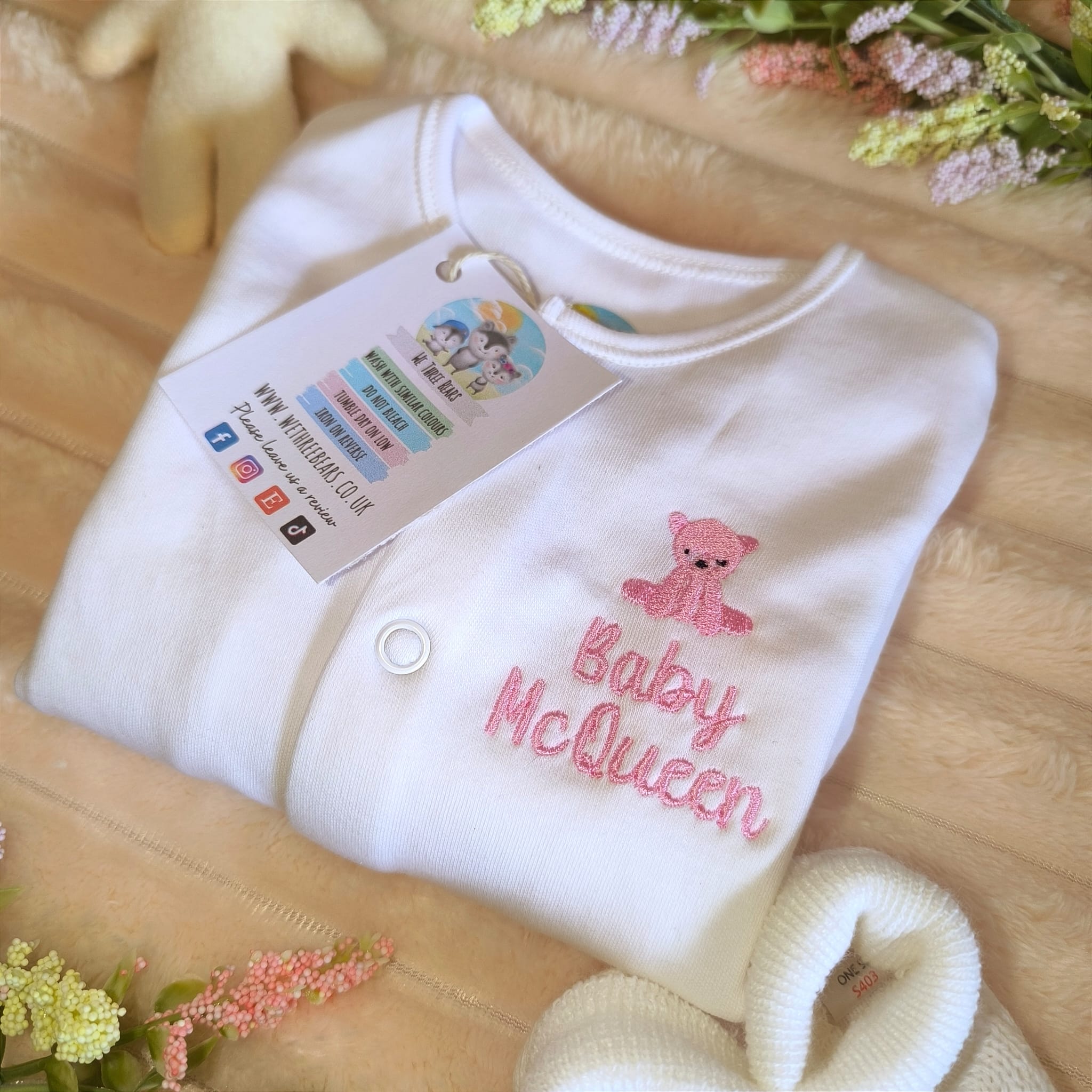 Embroidered Teddy Bear Personalised Sleepsuit