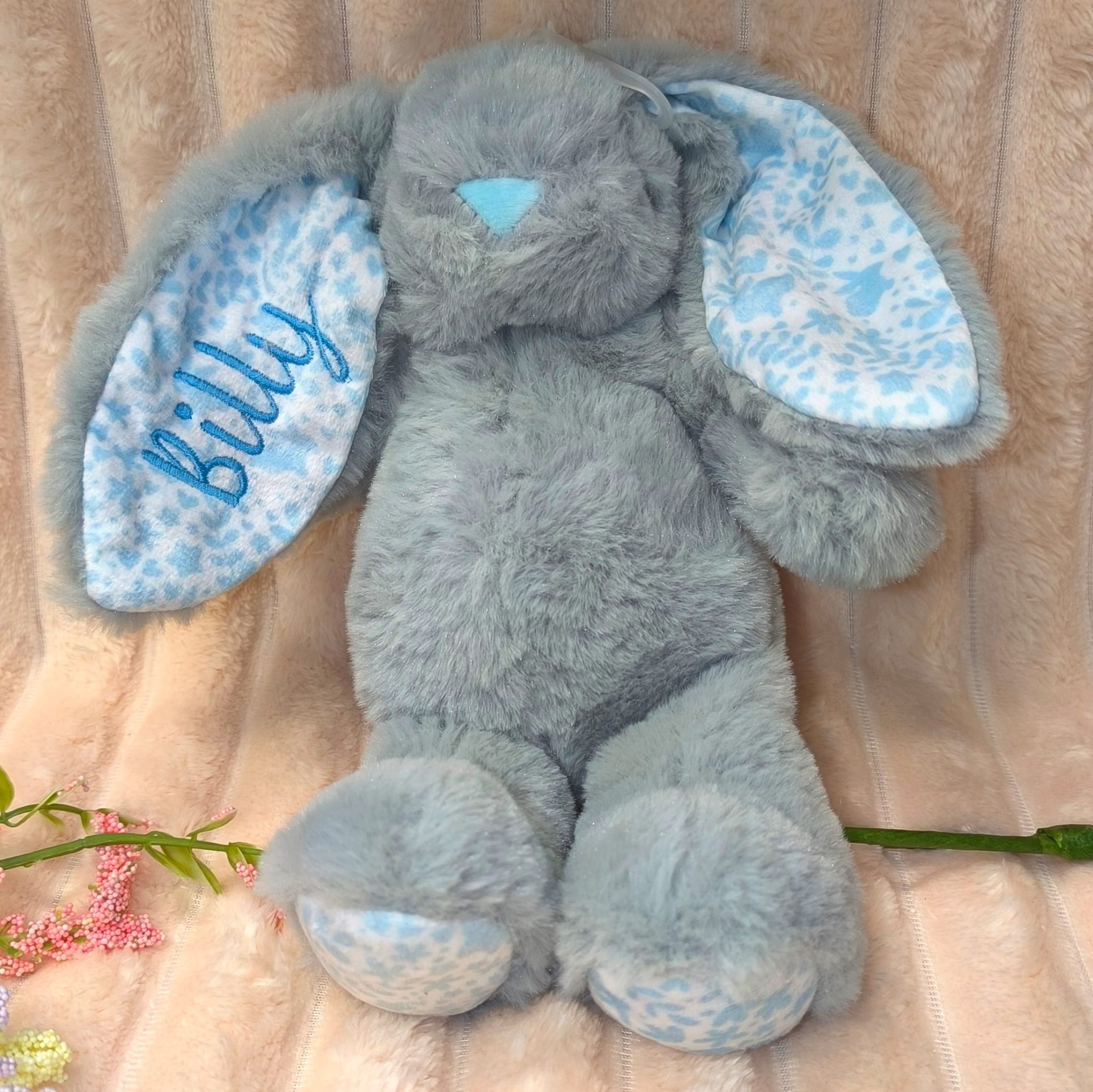 Personalised Grey Bunny Soft Toy with Embroidered Ear