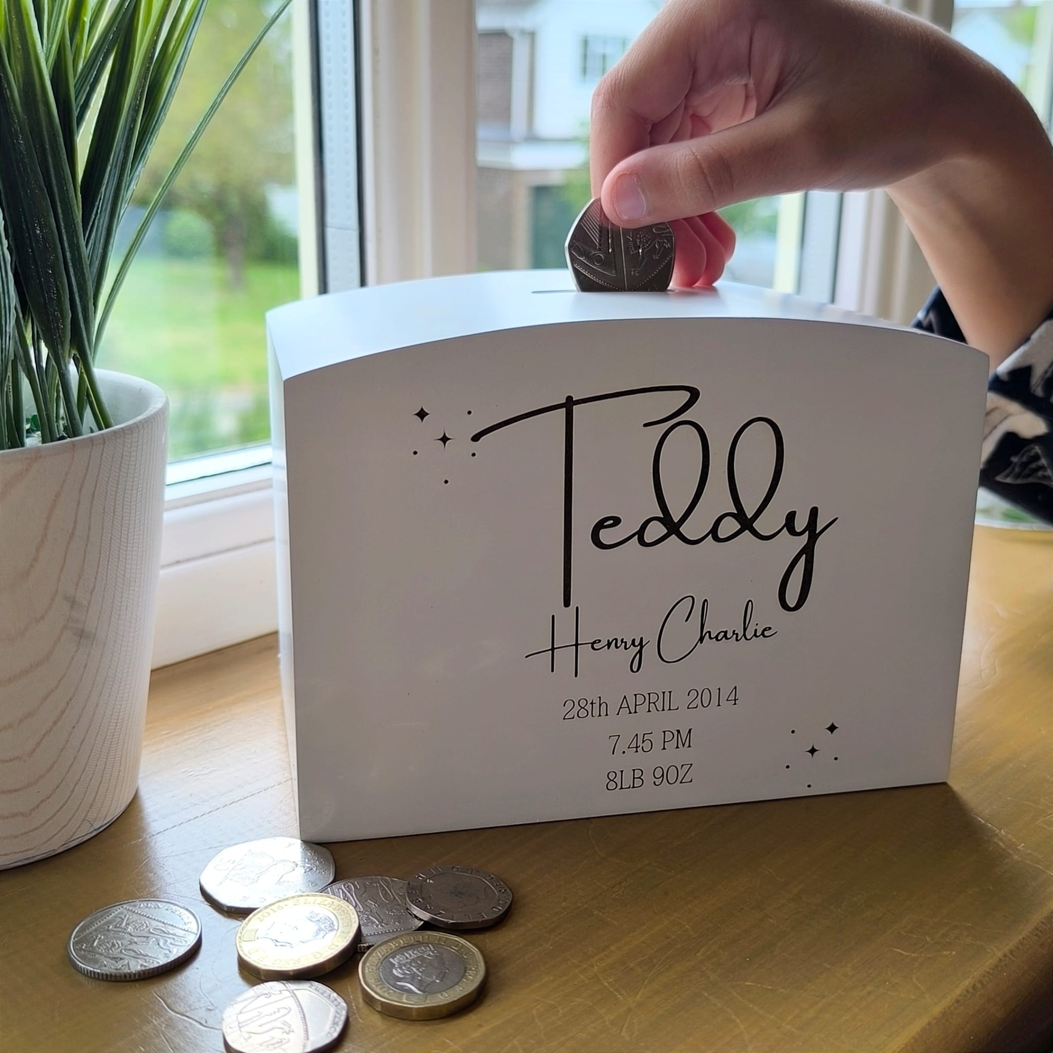 Personalised Wooden Money Box with Engraved Birth Details – We Three Bears