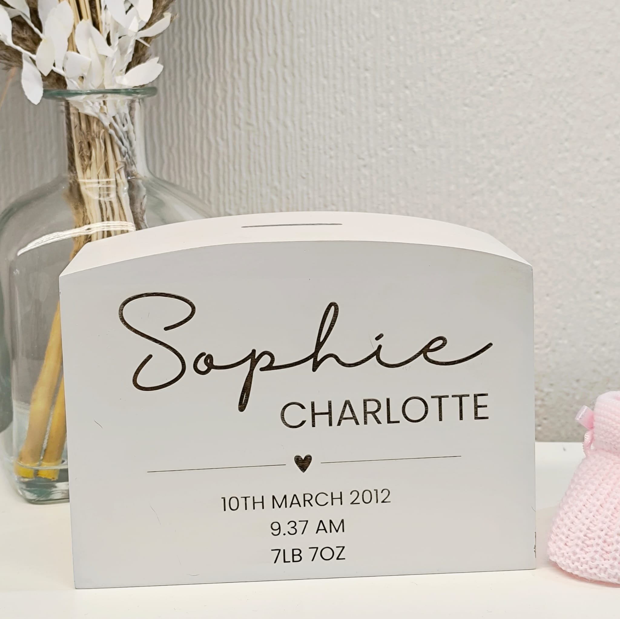 Personalised White Wooden Money Box - Engraved Birth Details