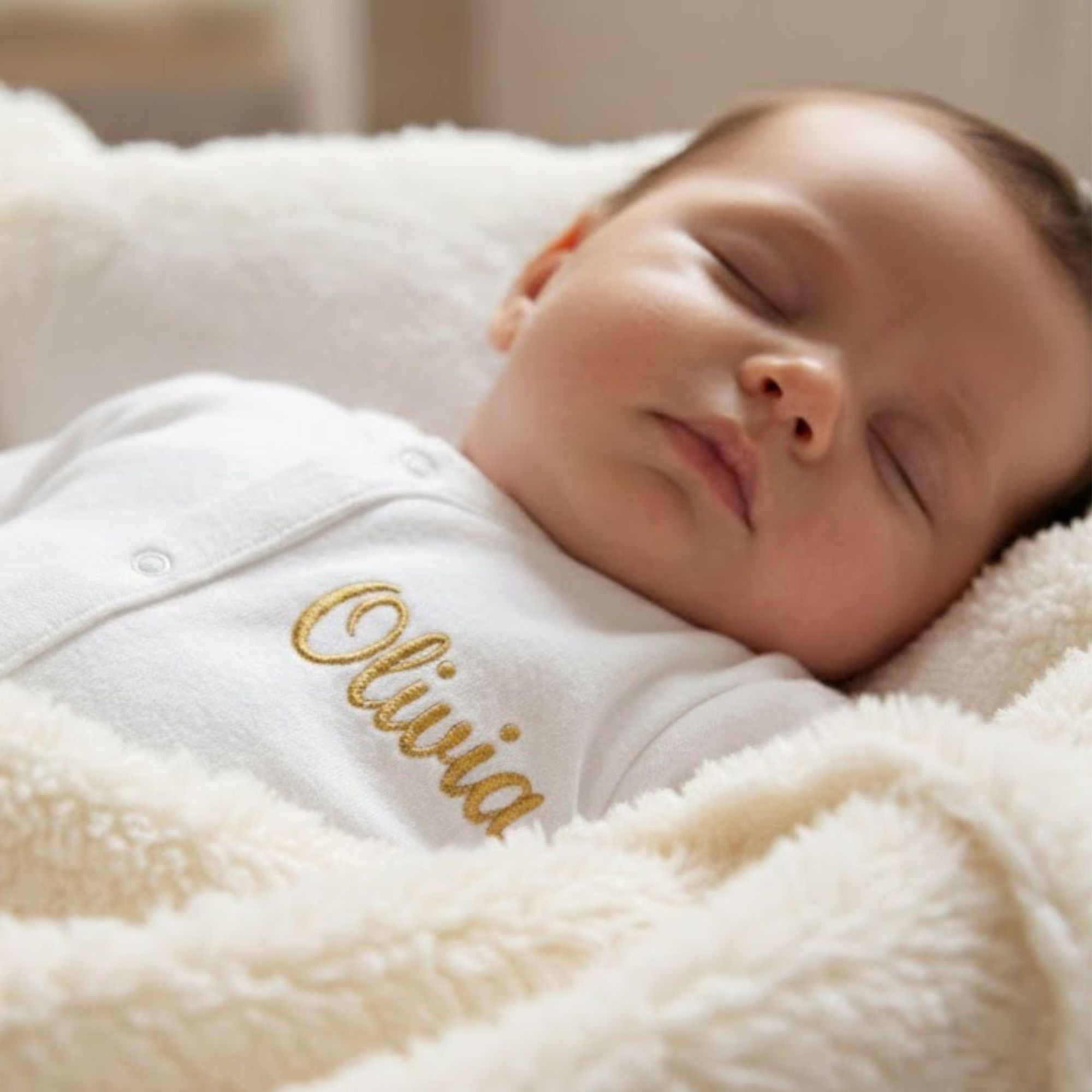 personalised new baby sleepsuit in white with an embroidered name Olivia in gold thread across the chest. 100% cotton romper.