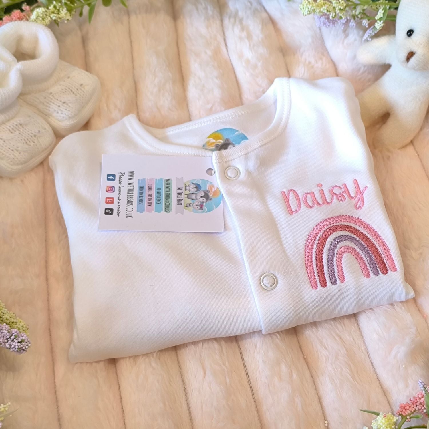 Personalised Baby Name Sleepsuit Embroidered Rainbow We Three