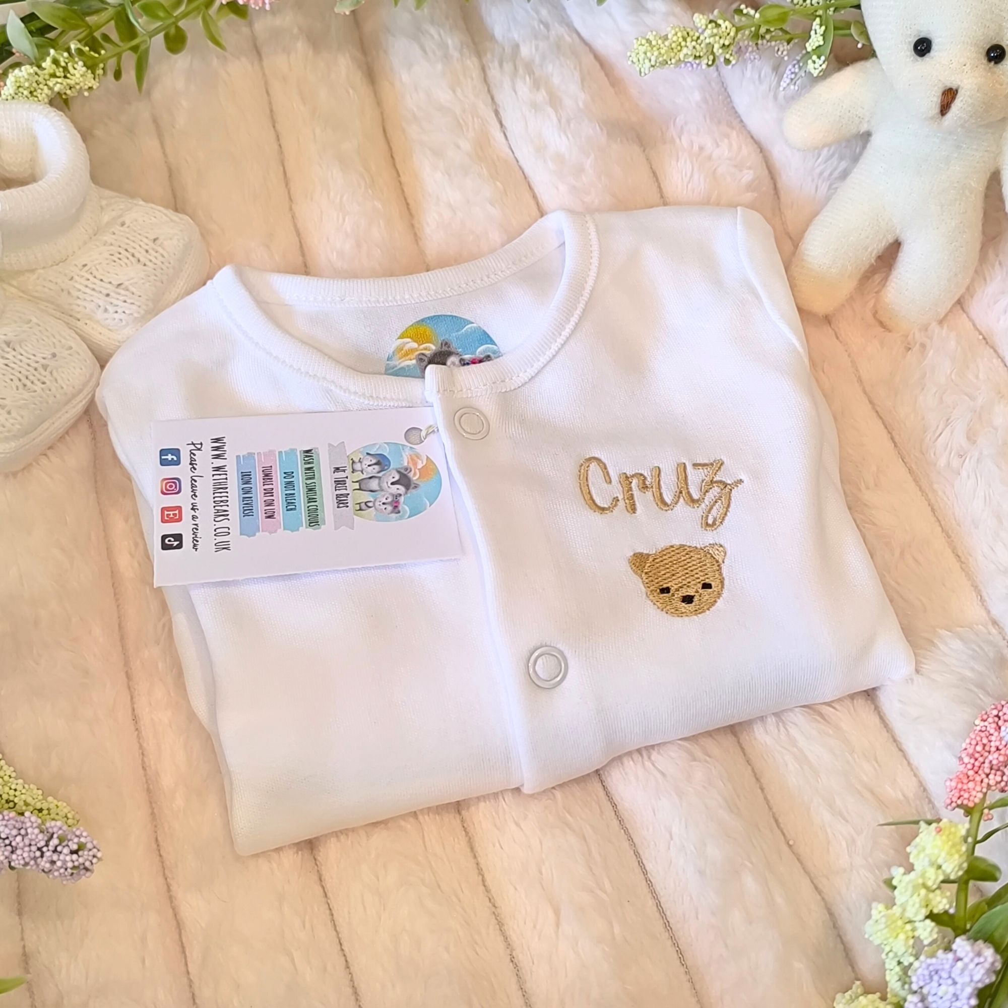 Personalised Baby Sleepsuit with Embroidered Bear Face