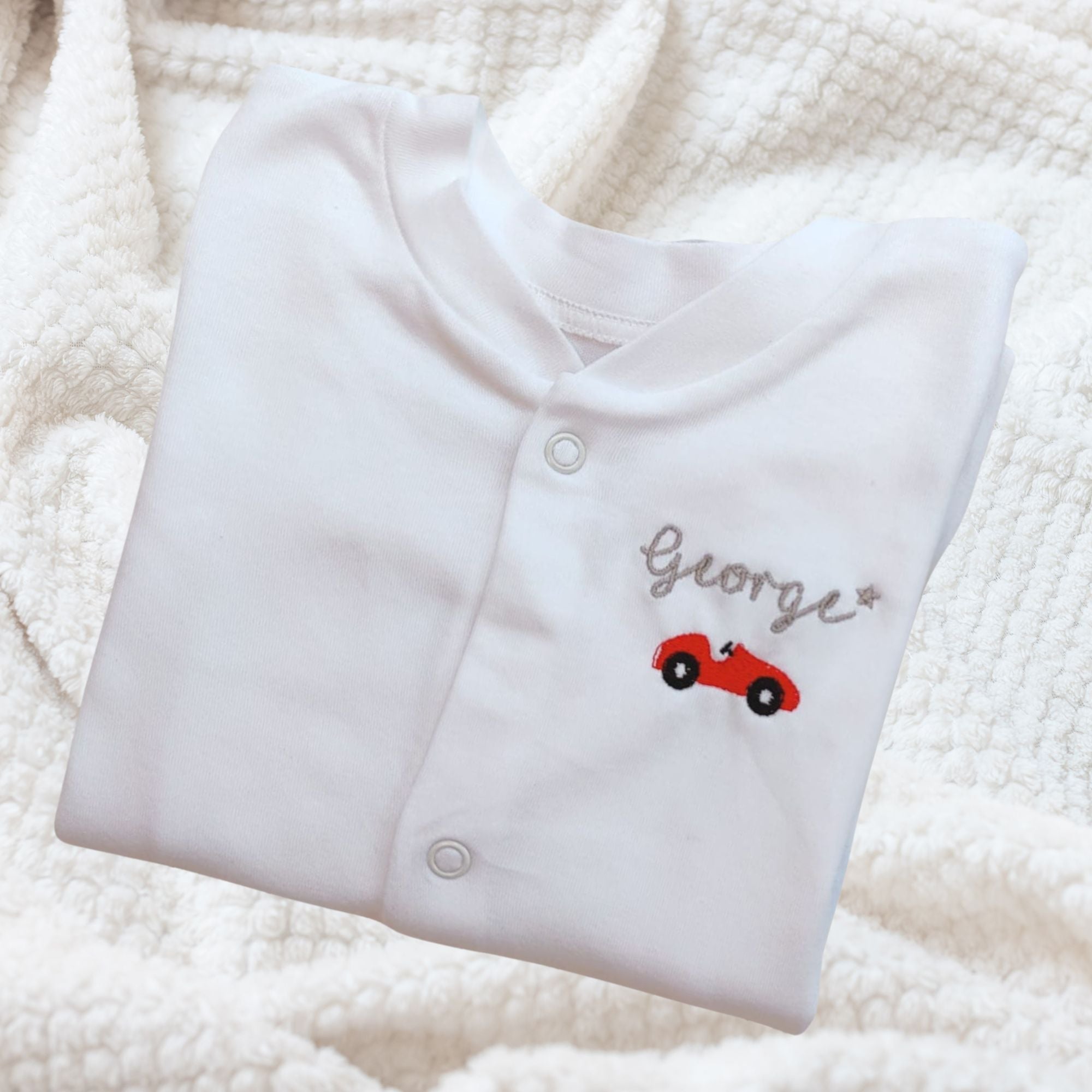 Personalised Racing Car Baby Sleepsuit for Boys and Girls
