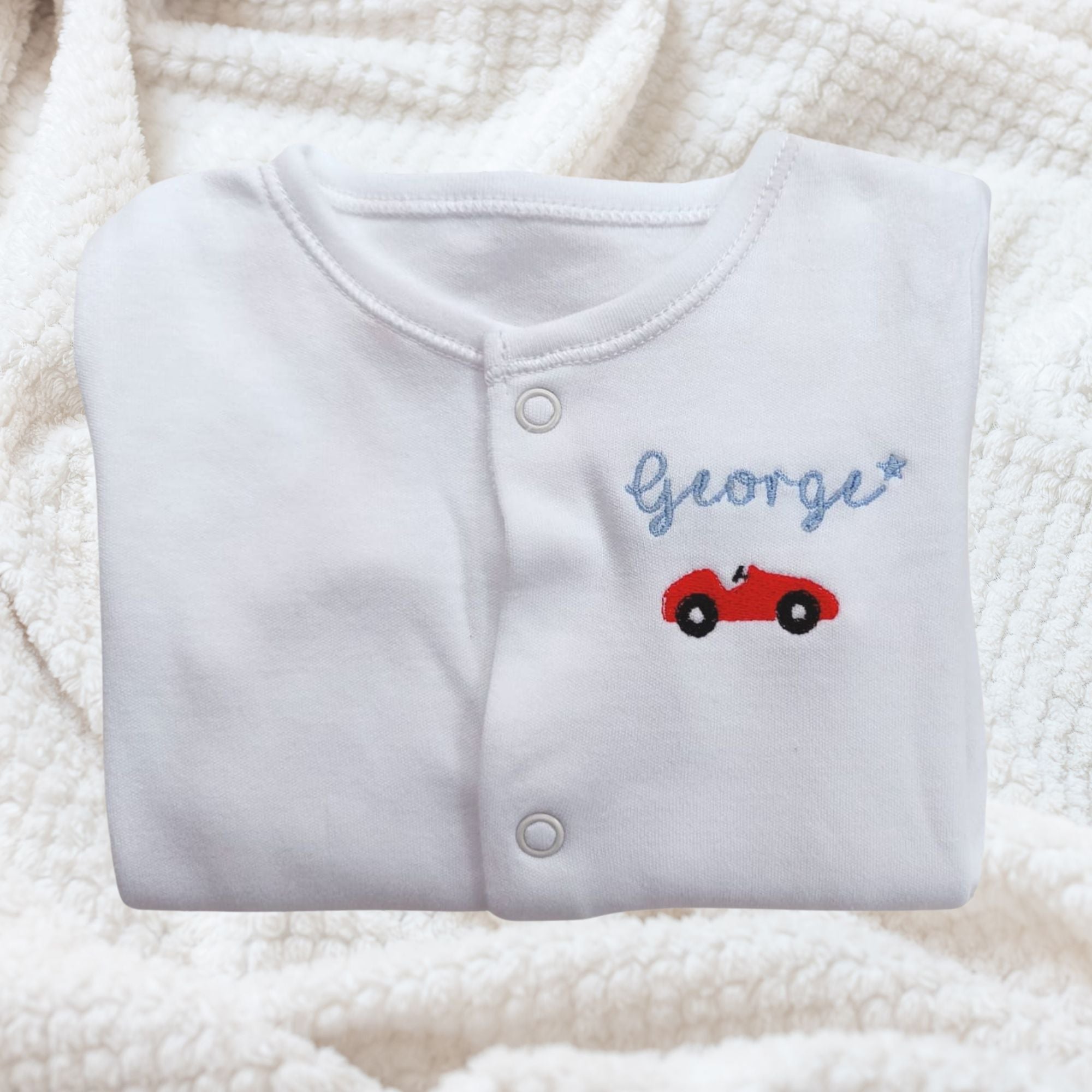 Personalised Racing Car Baby Sleepsuit for Boys and Girls