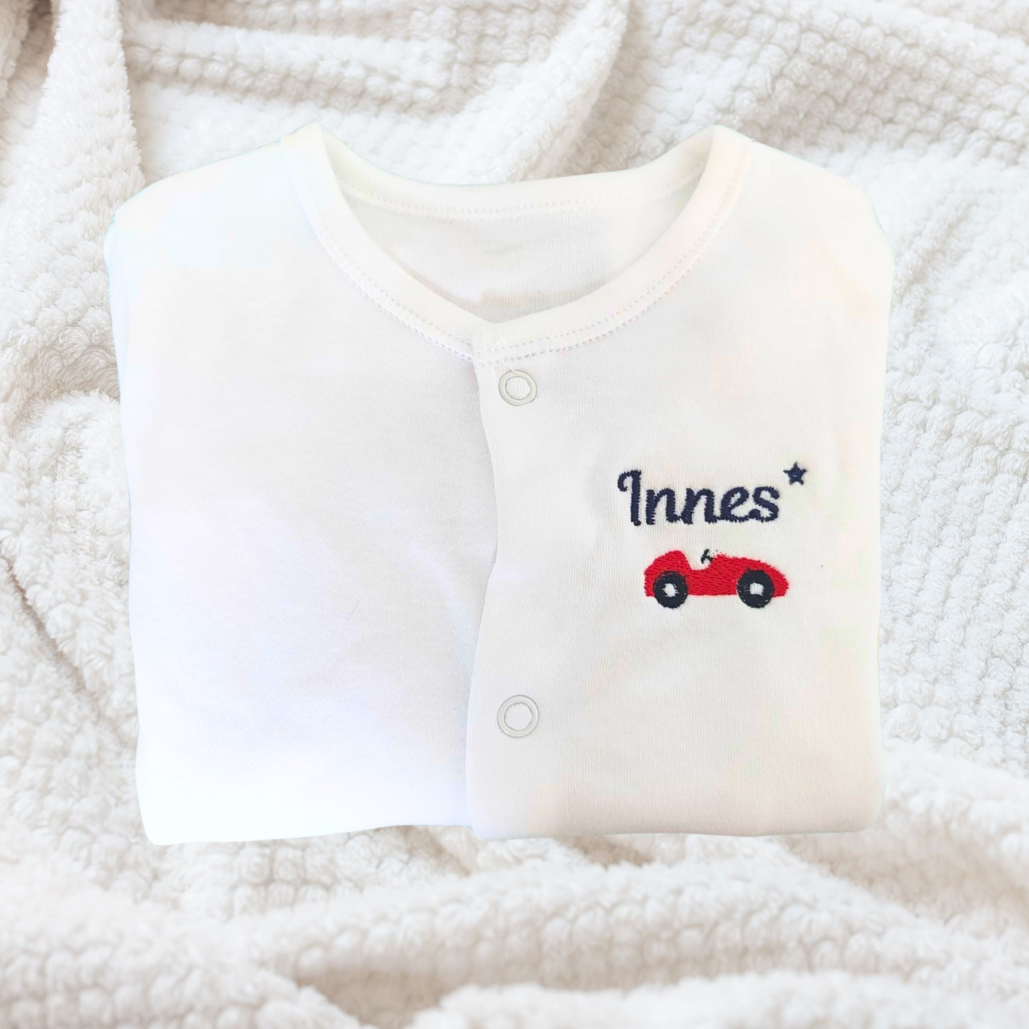 Personalised Racing Car Baby Sleepsuit for Boys and Girls