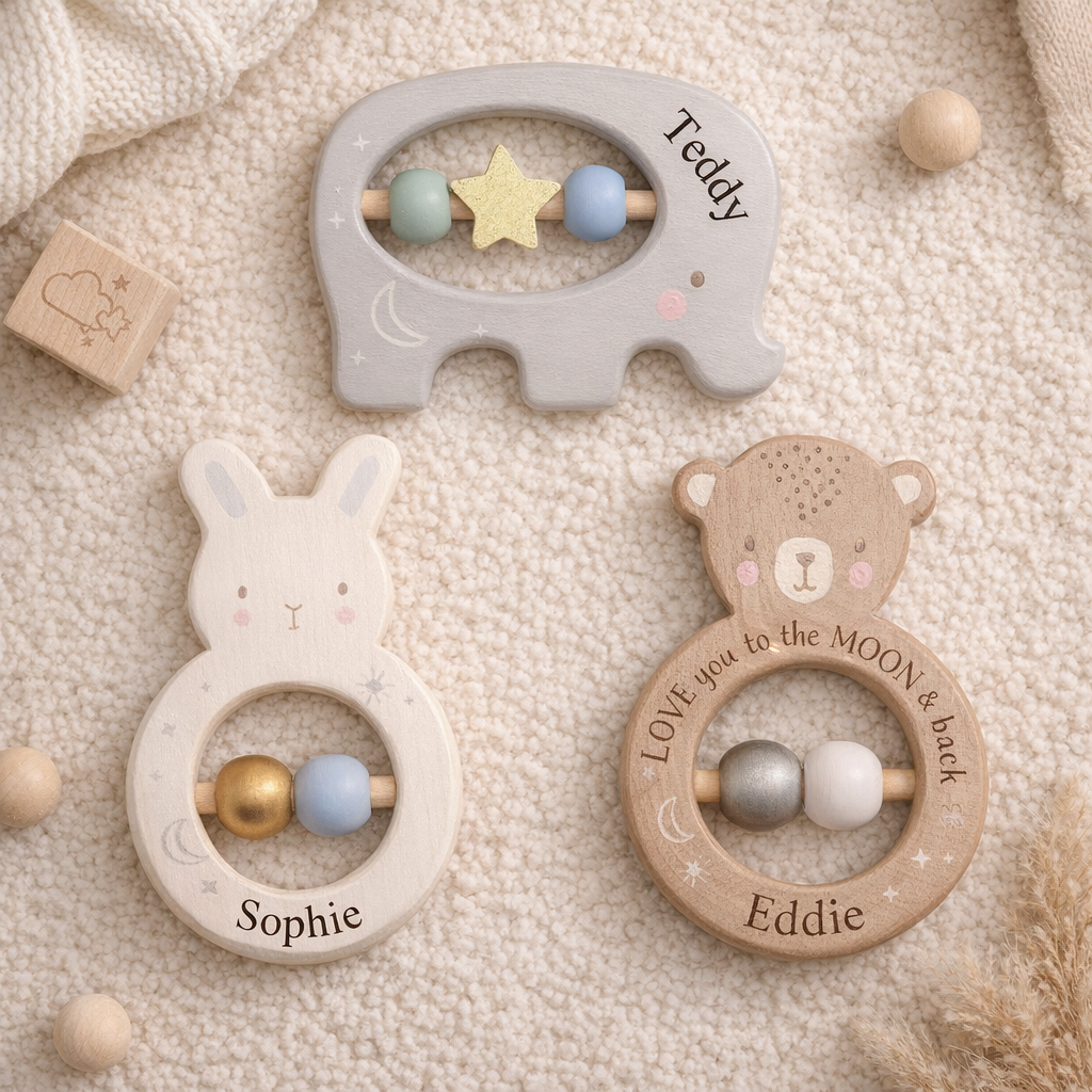 Bambino Wooden Animal Rattle - Personalised Name