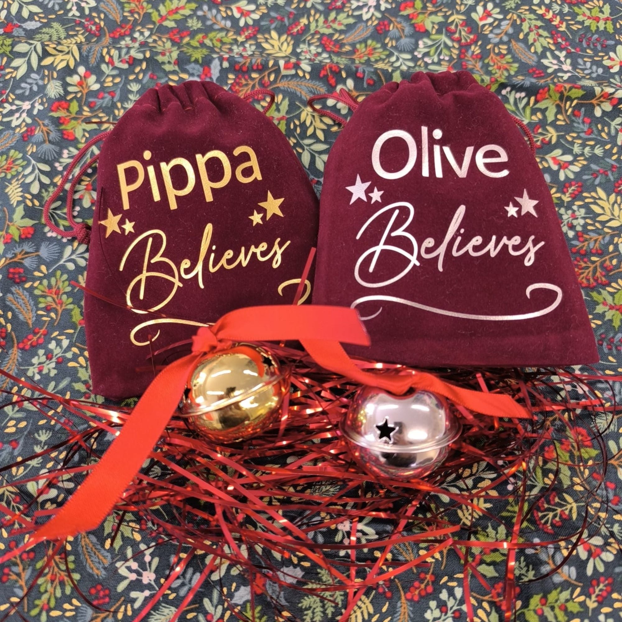 Personalised Christmas Believe Bell & Velvet Pouch