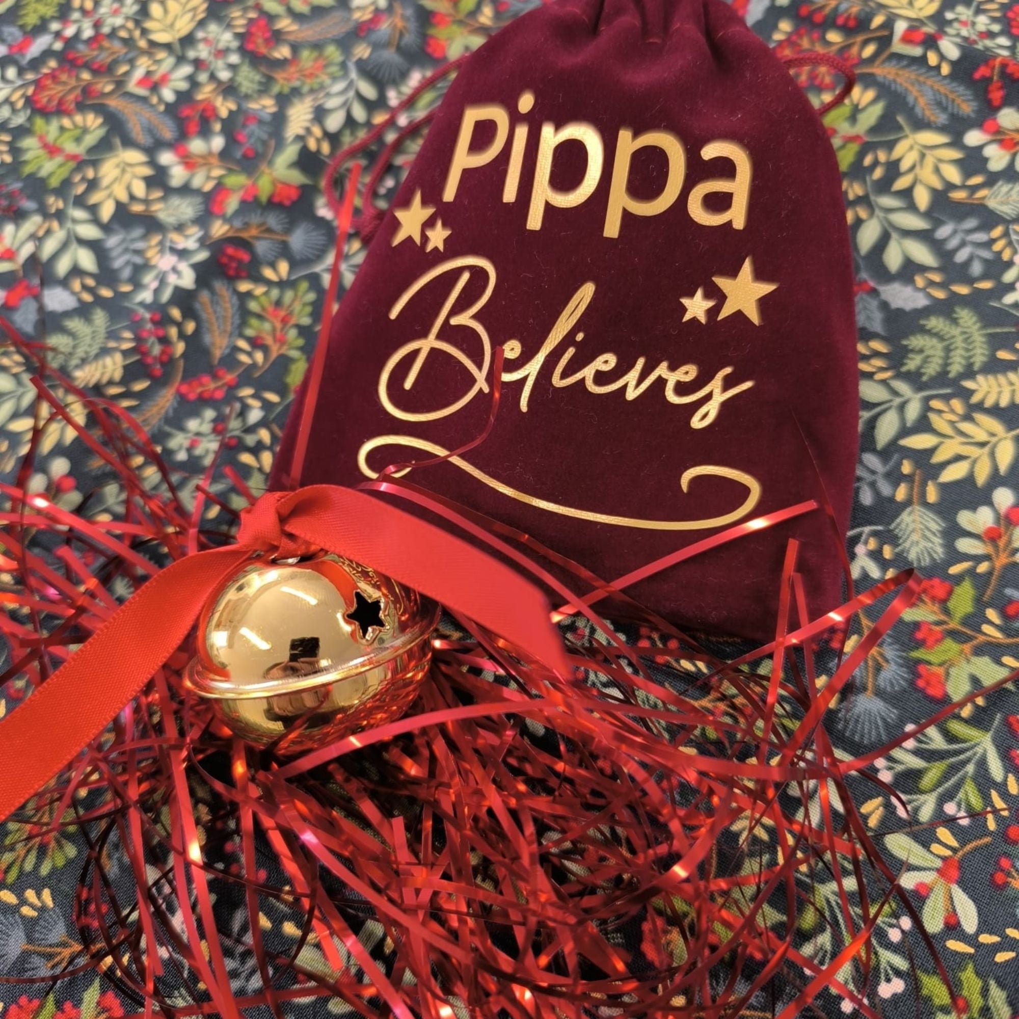 Personalised Christmas Believe Bell & Velvet Pouch