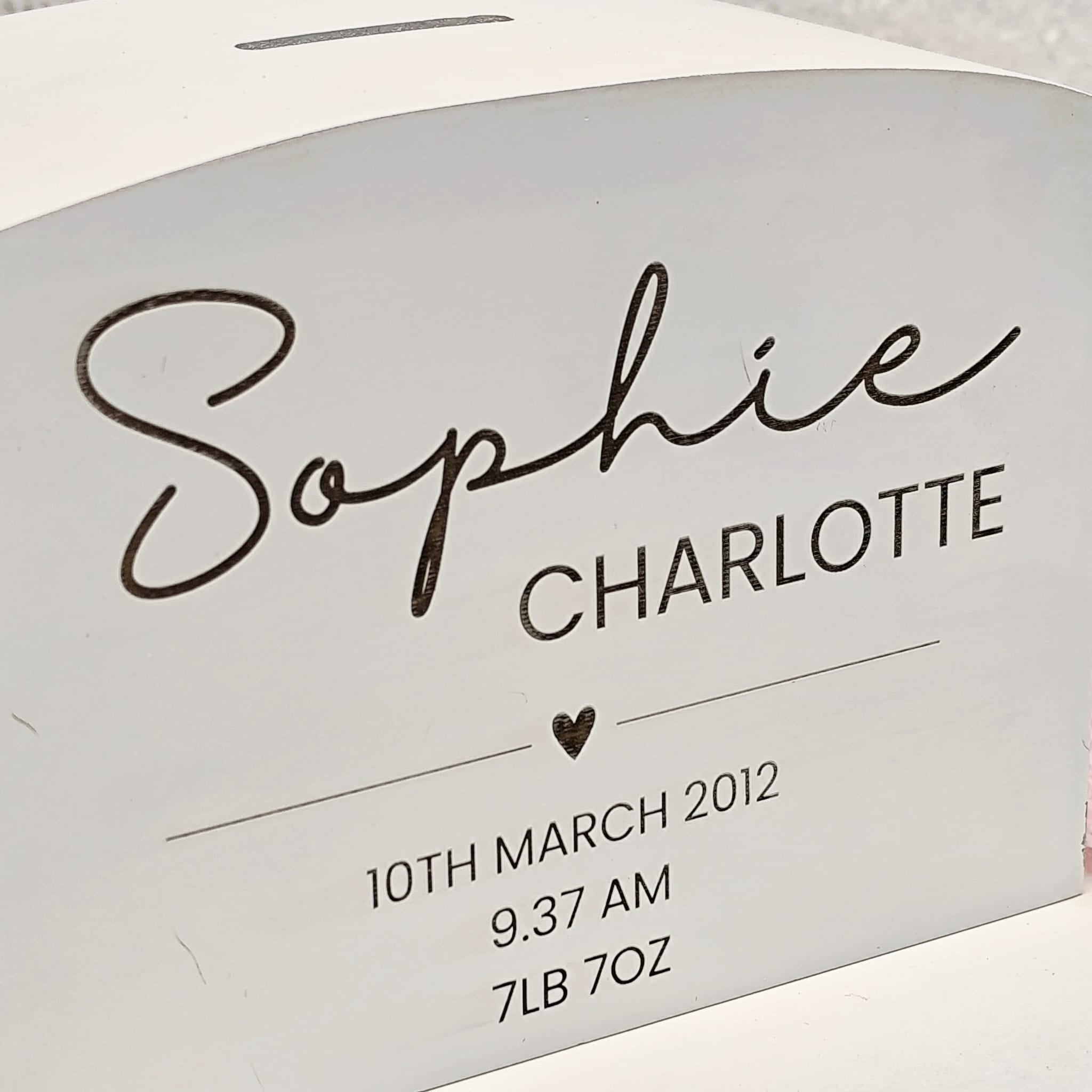 Personalised White Wooden Money Box - Engraved Birth Details