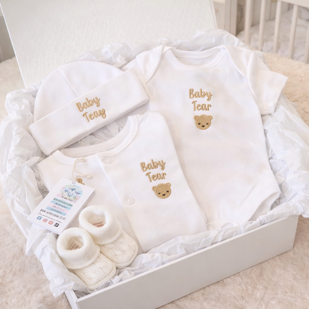 Personalised Baby Bear Gift Hamper - 4 Piece Embroidered Set