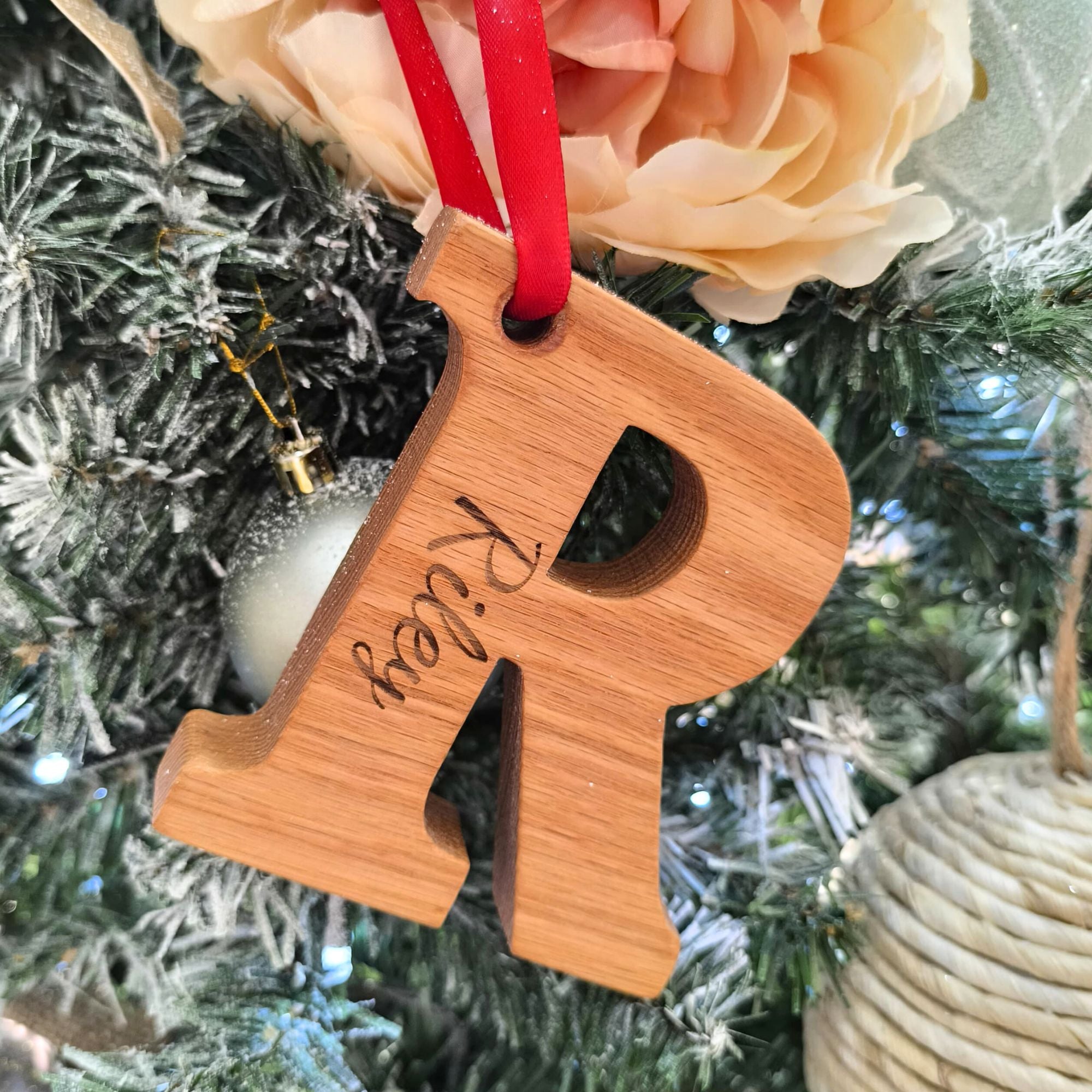 Personalised Solid Oak Initial Christmas Tree Decoration