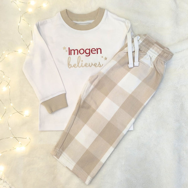 Personalised Tartan Christmas Pyjamas for Girls and Boys - I Believe Xmas Design