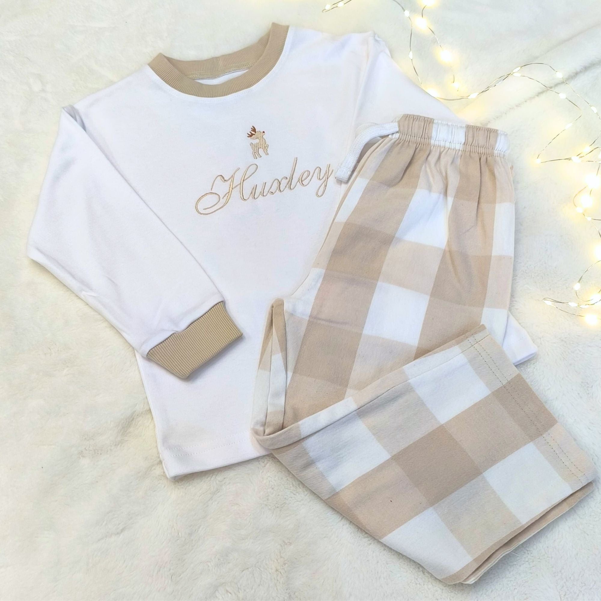 Personalised Kids Christmas Tartan Pyjamas - Rudolph Reindeer Design