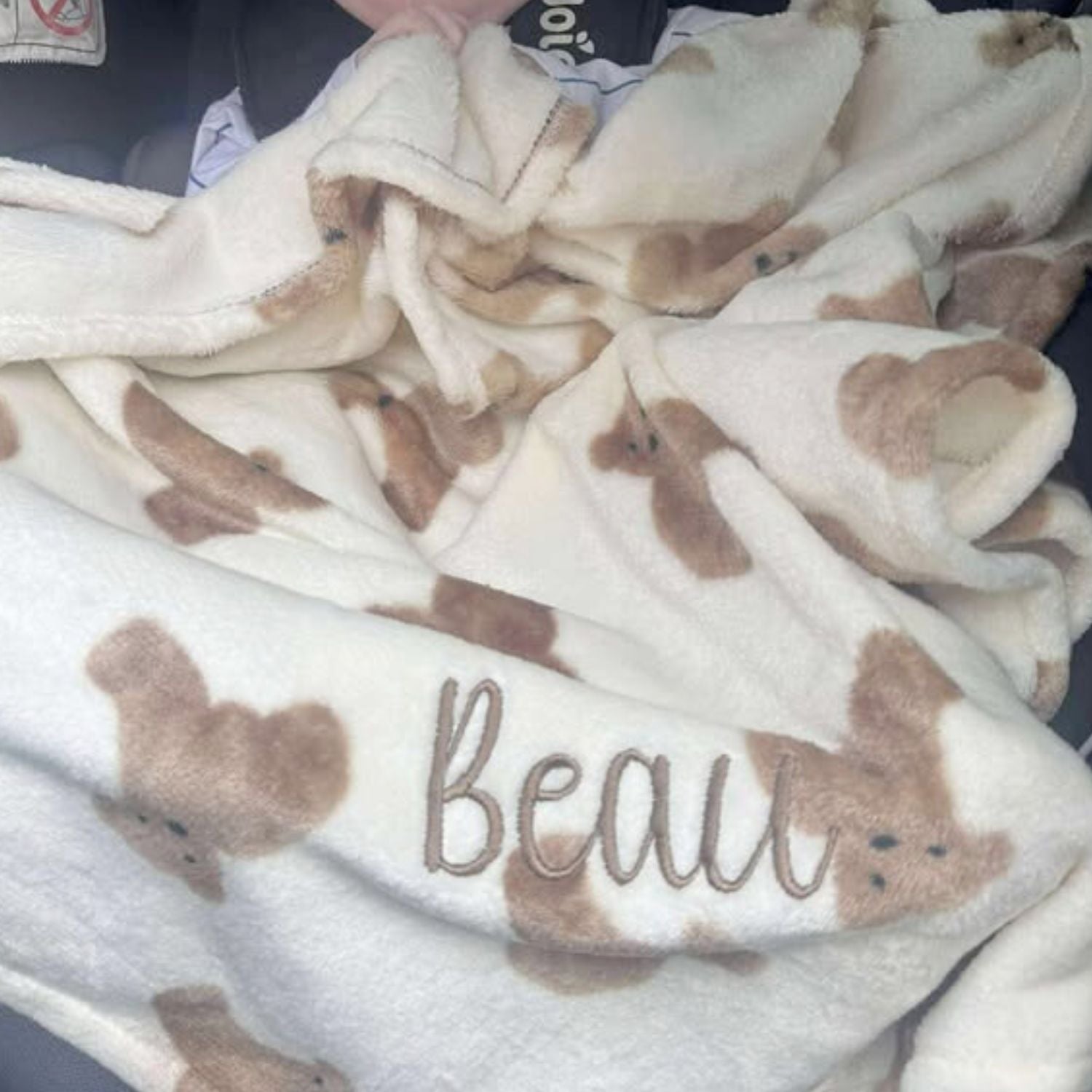 Personalised Teddy Bear Baby Blanket | Soft Cream Blanket with Embroidered Name