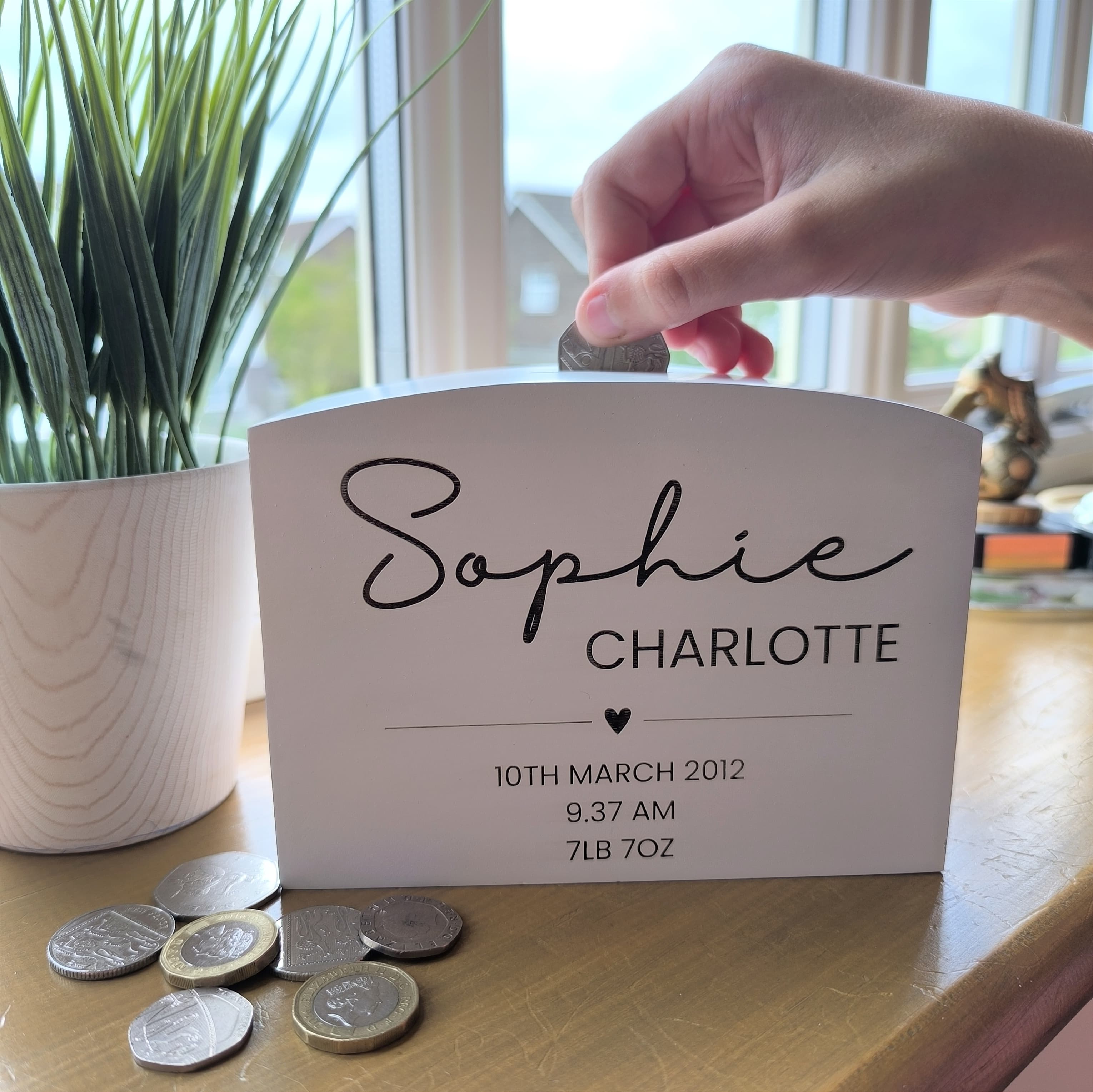Personalised White Wooden Money Box - Engraved Birth Details