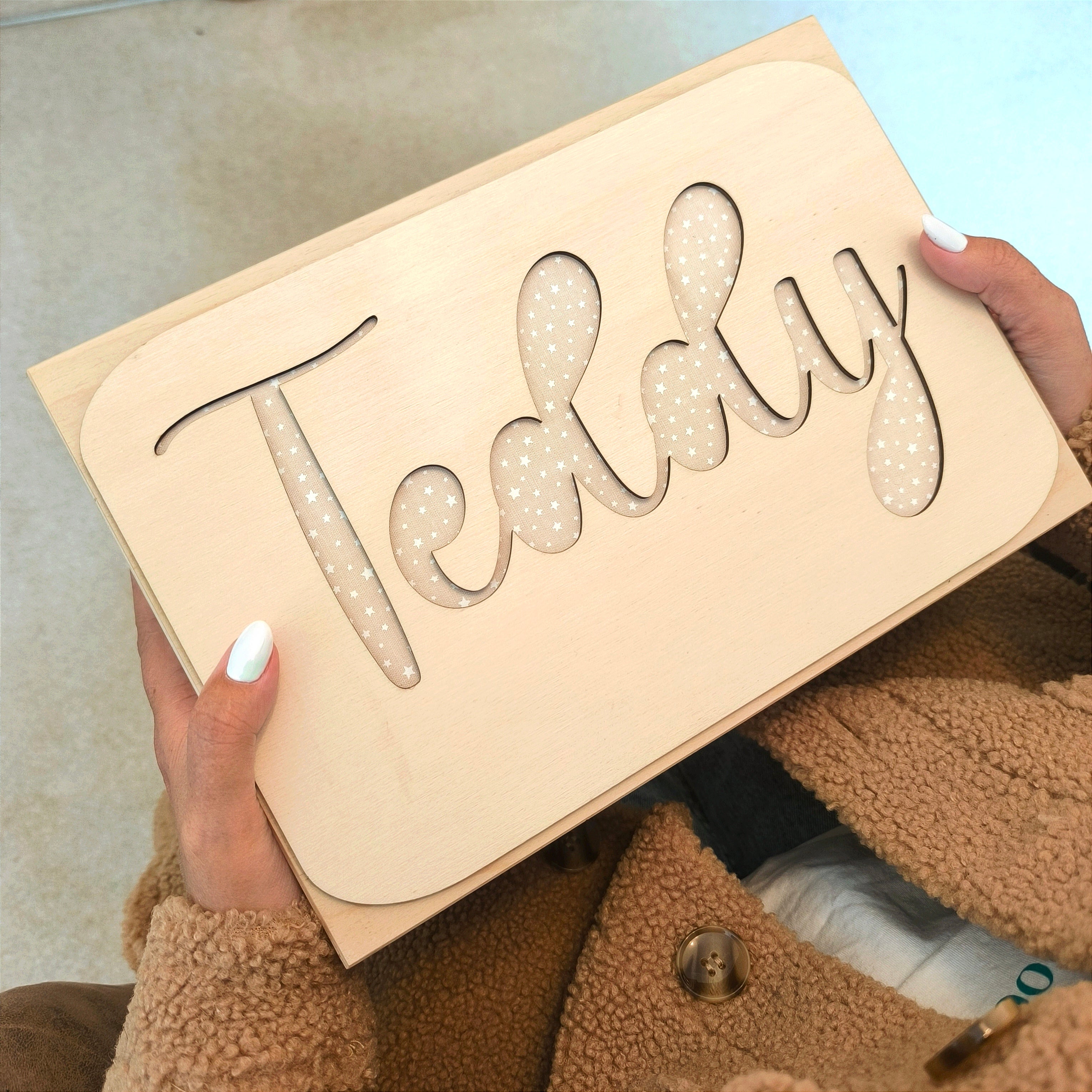 Personalised Wooden Memory Box with Fabric Name