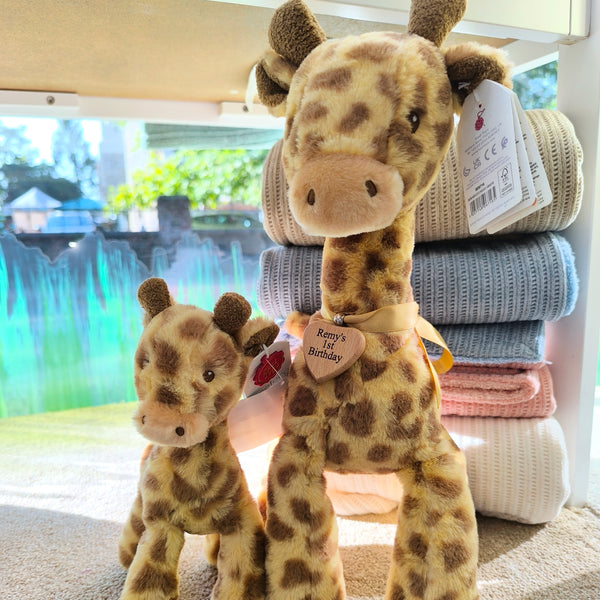 Personalised Giraffe Soft Toy by Keel with Engraved Wooden Heart