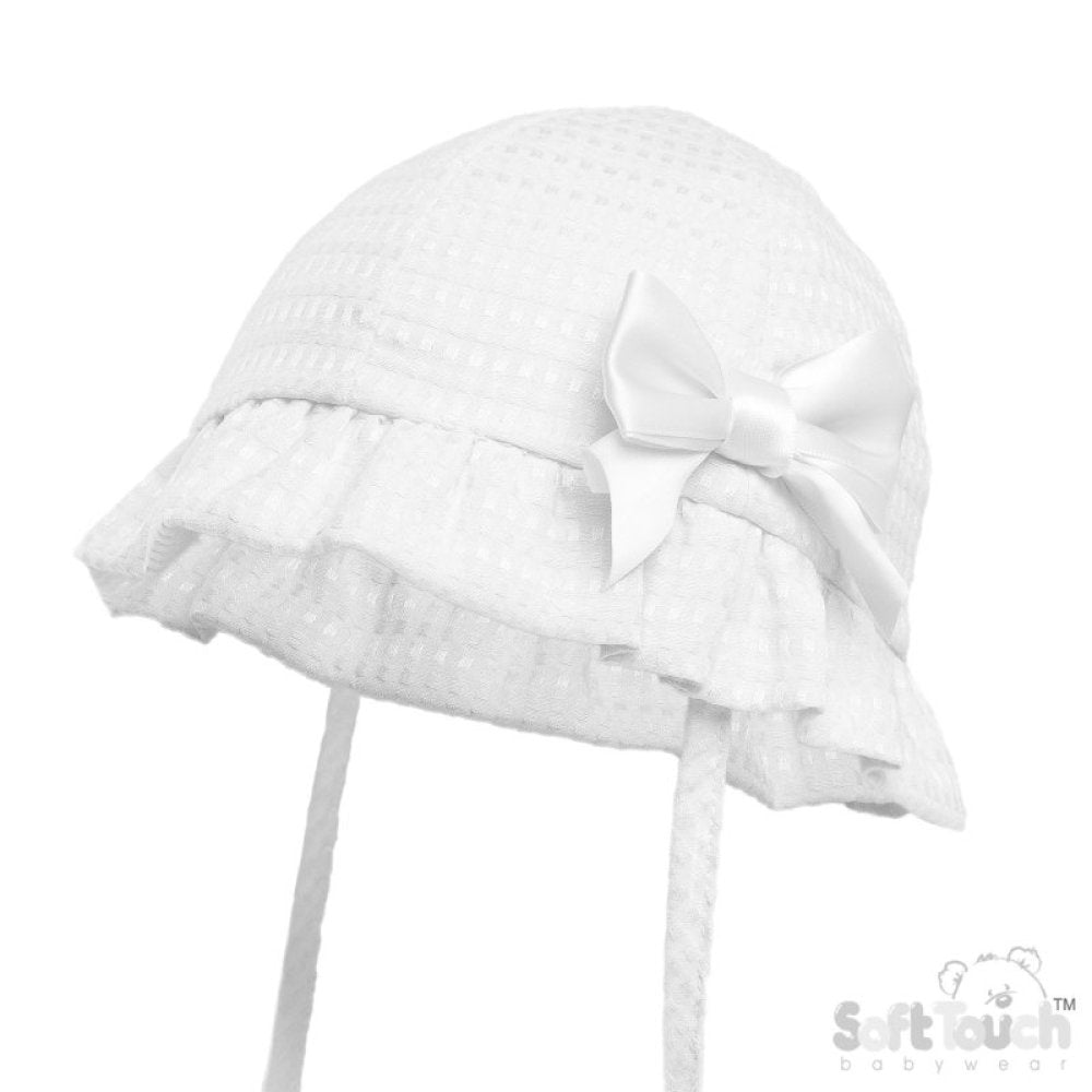 White Checked Baby Hat with Bow - Newborn to 24 Months - Plain or Personalised
