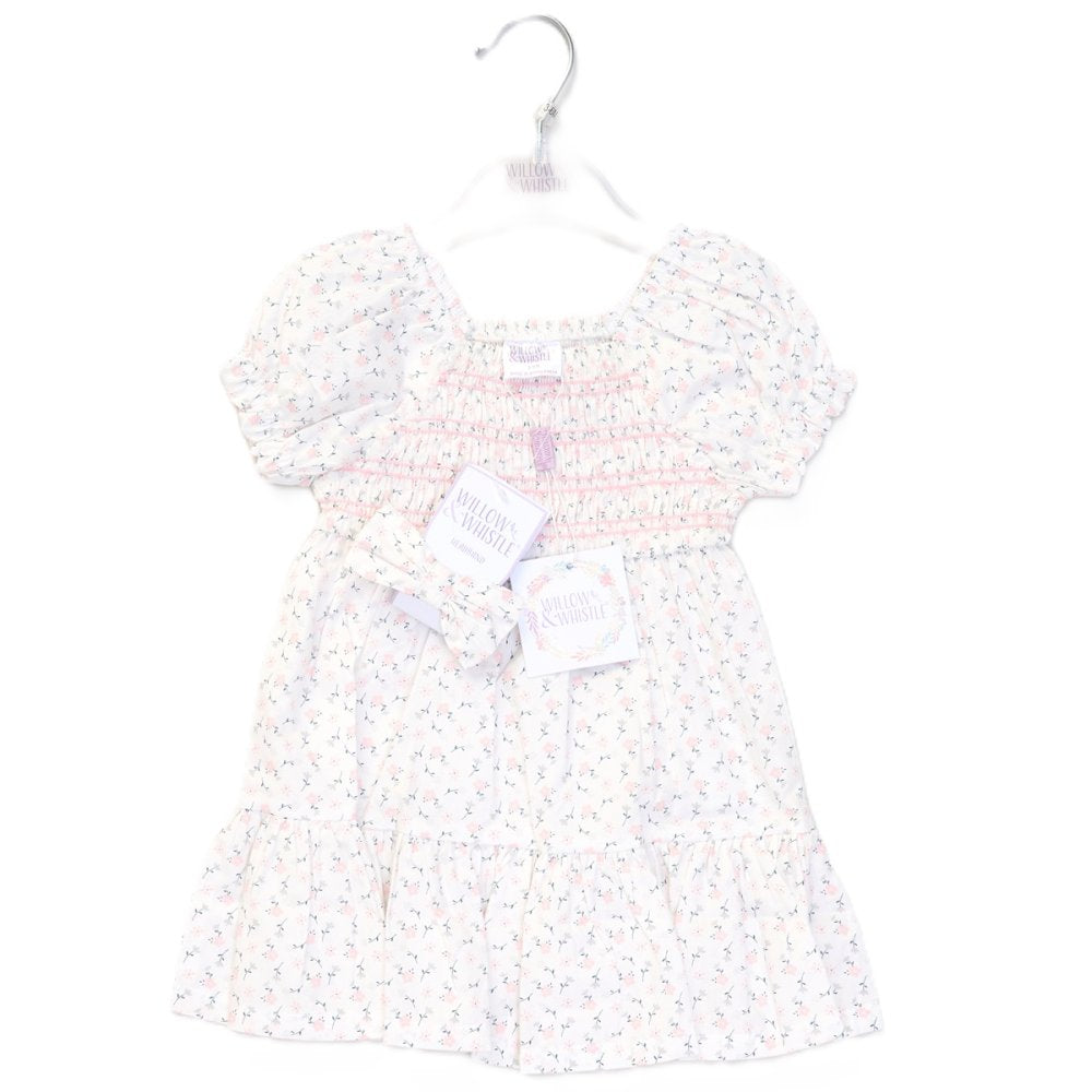 Willow & Whistle Girls Smocked Dress and Headband Set - Pink Flowers