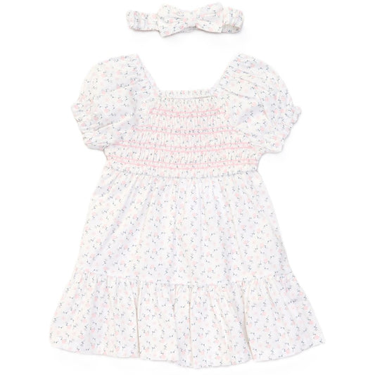 Willow & Whistle Girls Smocked Dress and Headband Set - Pink Flowers